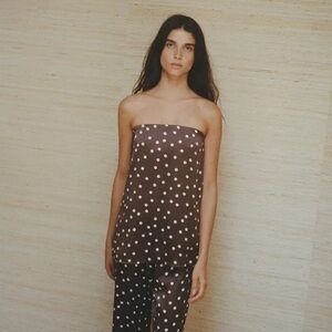 Zara Women's Strapless Satin Top Brown Polka Dot